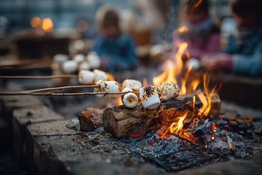 Children roasting marshmallows on sticks over an open fire in a stone fire pit, with blurred figures and warm glow of flames in the background