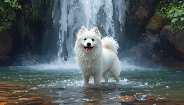  Happy Dog Enjoying a Refreshing Waterfall Bath Outdoors