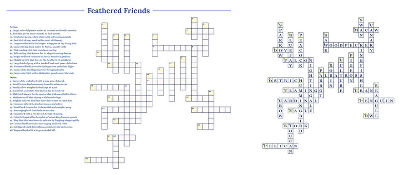 Crossword puzzle featuring various bird species with clues and answers