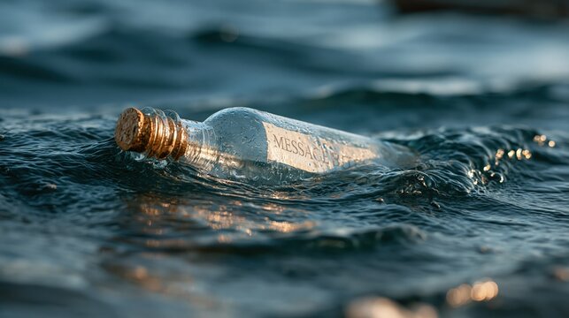 Glass bottle with cork stopper floating on ocean waves carrying a secret message for discovery