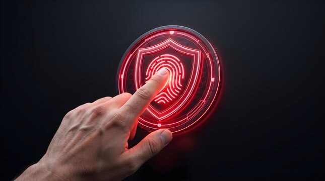 Finger touching neon fingerprint scanner for biometric security verification.