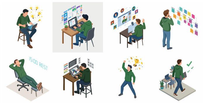 Freelance Developer and Graphic Designer Isometric Character Set Illustrating Remote Work Workflow and Project Management