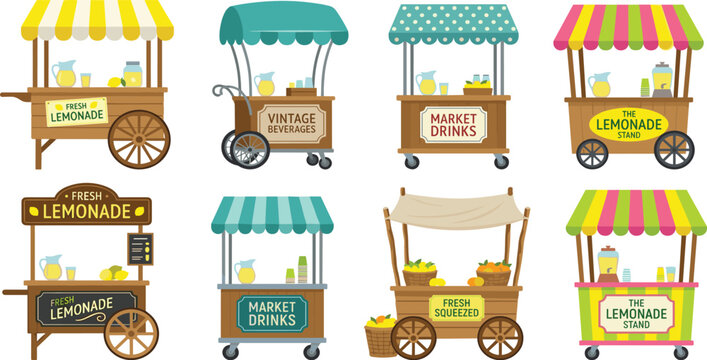 Colorful lemonade and fresh drink cart collection with vintage market stalls, striped canopies, wooden wagons, and summer beverage stands