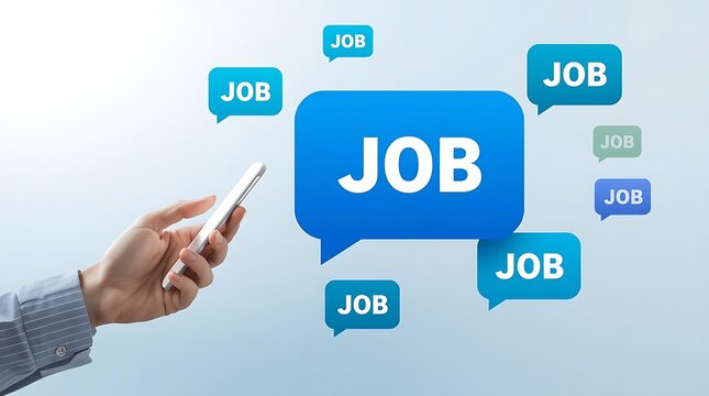 Job search concept with smartphone and floating job icons.