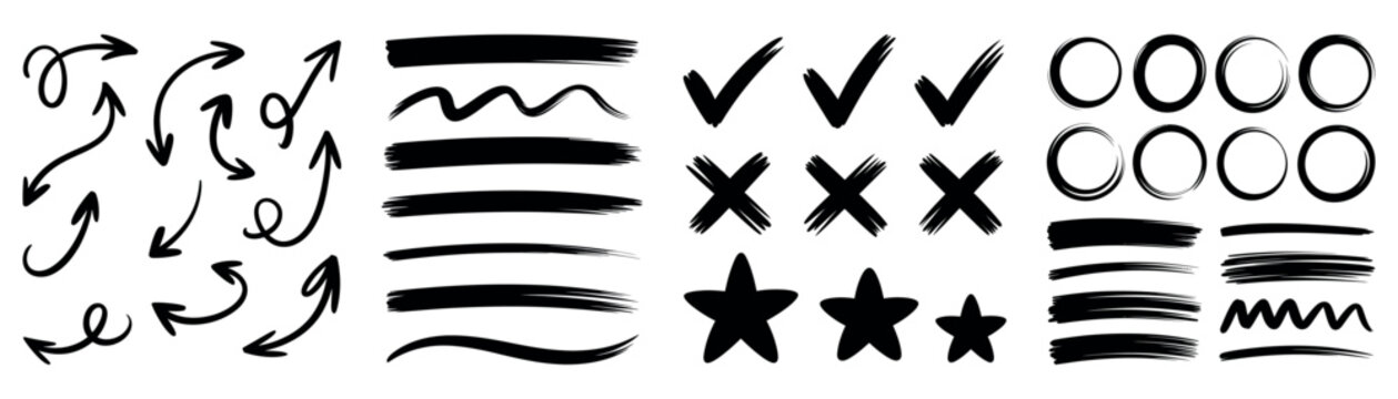 Collection of hand drawn arrows checkmarks circles stars strokes brushstrokes hand drawn