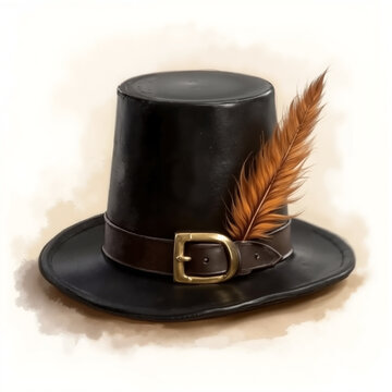 Black leather top hat with a feather detail on a light background