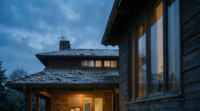 Mid-century modern house with clerestory windows and wood exterior at dusk