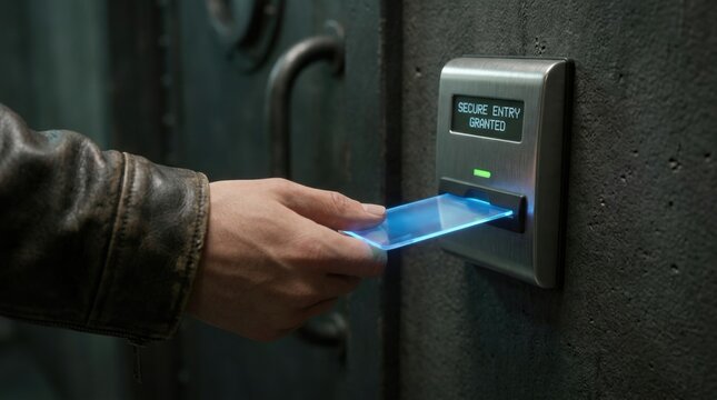 Person Swiping Digital Keycard into Wall Mounted Security Reader