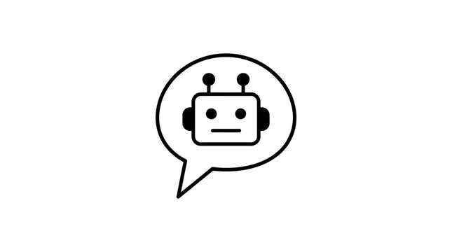 Robot head avatar inside a speech bubble representing artificial intelligence and conversational technology interfaces.