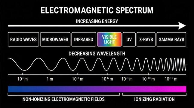 Electromagnetic Spectrum Diagram Showing Wavelength Frequency and Energy Levels for Science Education and Physics
