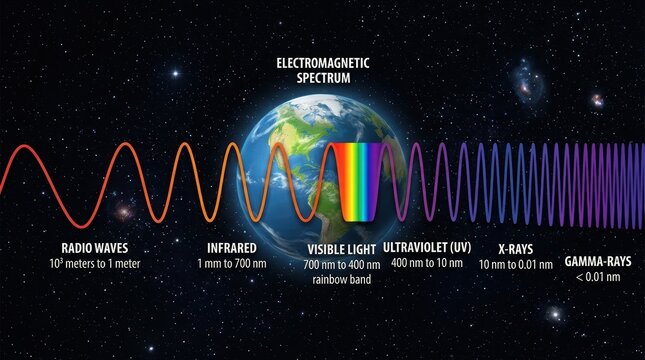 Educational Diagram of the Electromagnetic Spectrum with Wavelengths Overlaid on Planet Earth in Deep Space