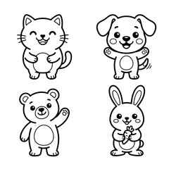 Fototapeta premium Vector cartoon cute animal characters set with happy cat dog bear and rabbit line art for kids coloring book