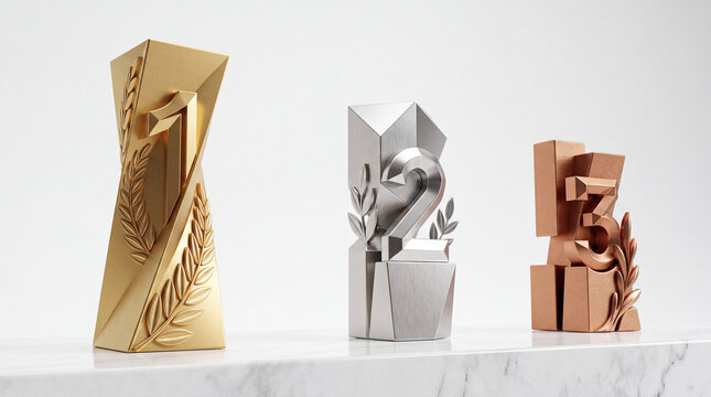 Set of three modern geometric trophies in gold, silver, and bronze representing first, second, and third place awards on a white marble surface