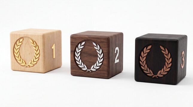 Three wooden cubes representing first, second, and third place awards with gold, silver, and bronze laurel wreaths