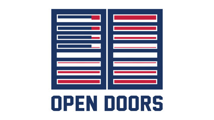 Fototapeta premium Abstract design featuring two rectangular door frames with horizontal bars and the words open doors in bold blue