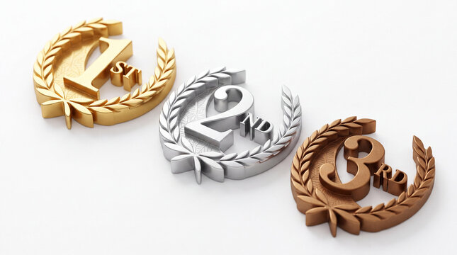 First, second, and third place symbols with laurel wreaths in gold, silver, and bronze on white background