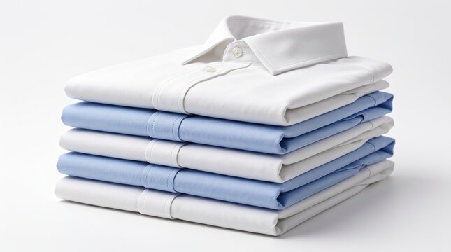 A neat stack of neatly folded ironed formal dress shirts in white and light blue colors on a clean white background