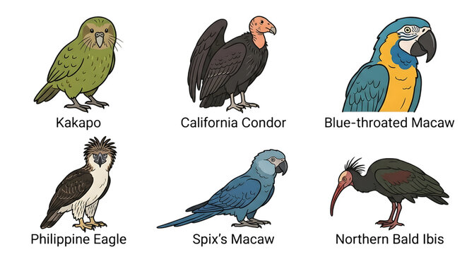 Set of Various Endangered and Rare Bird Species Illustrated Against a Solid Black Background