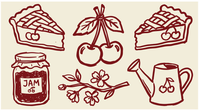 Collection of hand drawn fruit and garden themed sketches including cherry pie and jam jar with watering can cherry blossoms fruit illustration doodle sketch bakery theme garden tools
