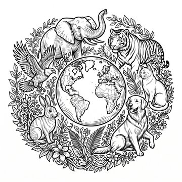 Wildlife Around the Globe: Earth Elephant Tiger Bird Dog Cat and Rabbit Illustration