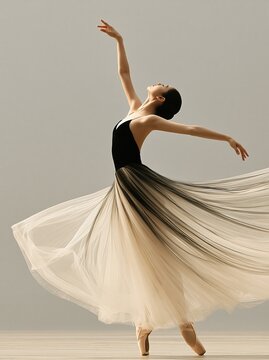 Elegant ballerina in flowing black and white tutu performing graceful ballet pose on stage