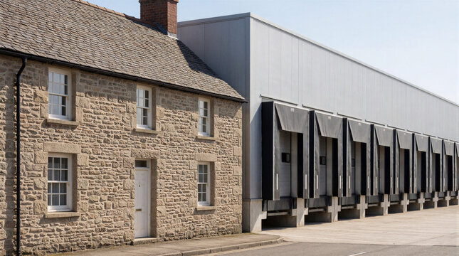 Historic stone colonial farmhouse with slate roof sitting beside a massive multi bay cross dock logistics hub