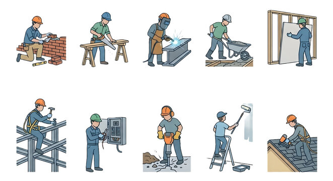 Set of construction workers performing various manual labor jobs and professional building maintenance tasks illustration