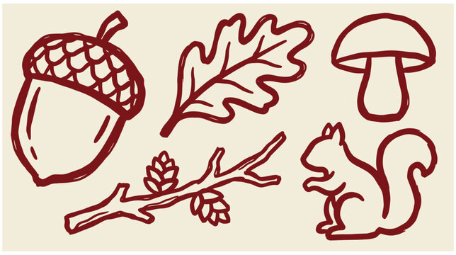 Red ink hand drawn sketch vector illustration of autumn woodland elements including acorn oak leaf mushroom tree branch squirrel with line art white background mushroom squirrel woodland