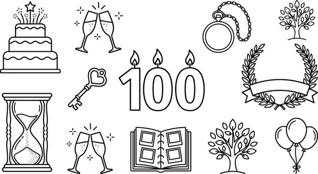 Happy 100th Birthday and Centenary Anniversary Celebration Black Line Art Vector Icon Set for Festive Designs