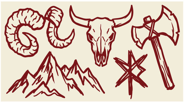 Rustic brown line art icon set featuring animal skull horns mountains and double axe mountain range ram horns bull skull vector graphic rustic style symbol collection mountains