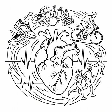 Healthy Heart Concept With Cardio Exercise, Running, Cycling, Nutrition and Active Lifestyle Illustration