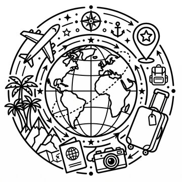 Global Travel Icons: Globe, Airplane, Suitcase, Passport, Camera and Adventure Travel Concept Illustration