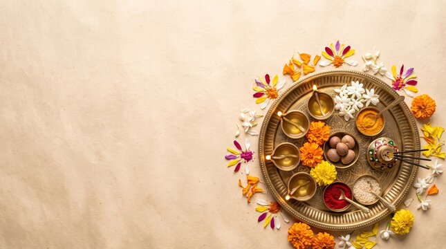 Flat lay of a decorated brass puja thali for a hindu festival, with copy space