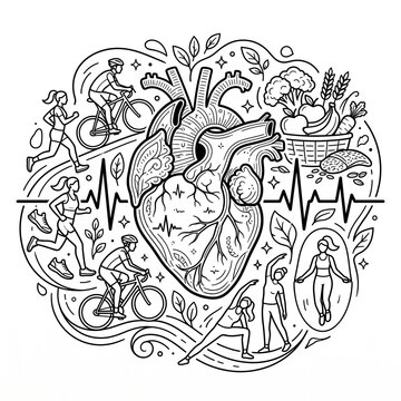 Healthy Heart Concept Illustration Showing Cardio Exercise, Nutrition, Fitness Activities and Heart Rate Monitoring