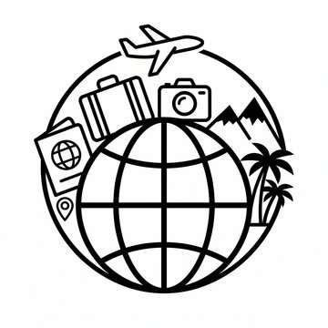 Travel Globe Icon With Airplane, Suitcase, Passport, Camera and Vacation Symbols for Tourism