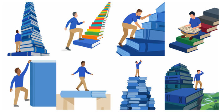 Conceptual illustrations of a man interacting with giant books as a metaphor for education, personal growth, and career success.