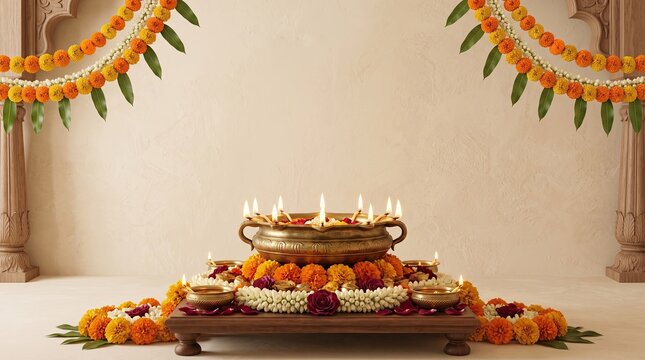 Diwali festival background with lit lamps and flowers, with copy space