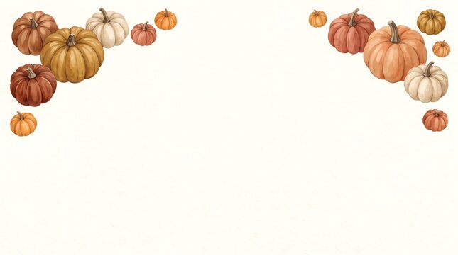 A festive watercolor illustration featuring a decorative mini pumpkin border on a clean white background for autumn designs