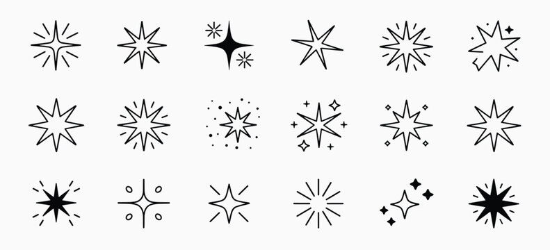 Set Of Hand Drawn Star And Sparkle Icons Featuring Different Geometric Shapes And Designs Isolated On A White Background