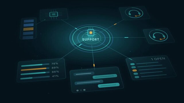 Service Desk Routing Support Interface Animation, Tech Support Dashboard, Customer Service Visualization, Data Analytics Motion Graphics, Network Connection Graphic, Interactive Support System, Call