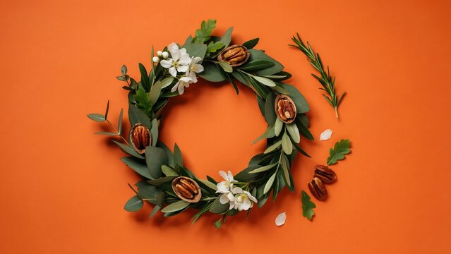 Decorative wreath made of green eucalyptus leaves white flowers and pecan nuts on a solid orange background