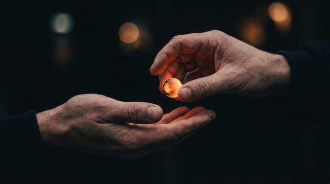 Hand Passing Glowing Golden Light Token to Another Hand in Unity