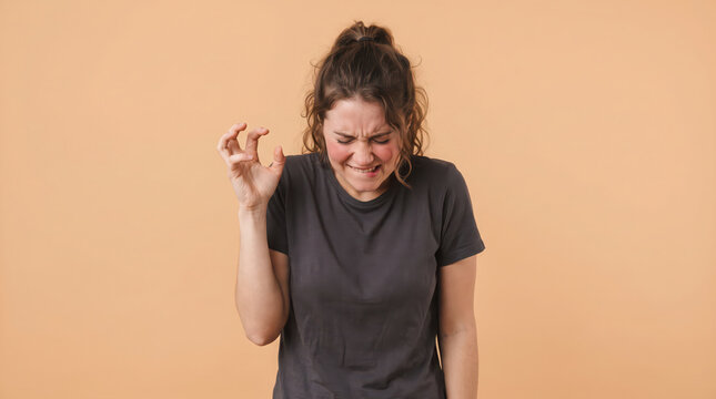 Cringing woman making claw gesture of disgust on beige background.