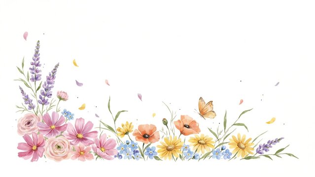Watercolor floral corner border with lavender cosmos flowers and a butterfly on a white background