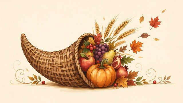 Woven cornucopia horn of plenty filled with autumn harvest fruits vegetables wheat and colorful fall leaves
