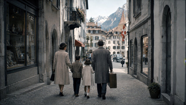 Family walking together with suitcases through a European town with historic buildings and mountains in the background