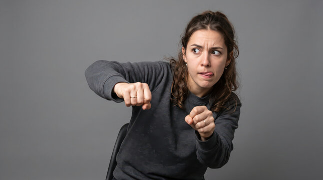 Playful woman pretending to drive imaginary vehicle, gray background.