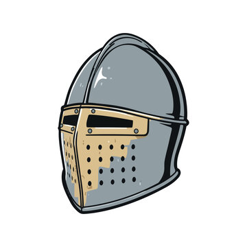 Medieval Knight Helmet Illustration of a Silver Metal Great Helm with Ventilation Holes for Warrior Armor