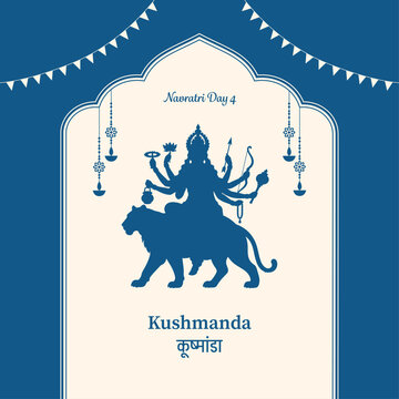 9 Days of Navratri Goddess Durga Avatars with Color of the Day. Day Four Goddess Kushmanda. Hindi Translation Kushmanda. Vector Illustration.