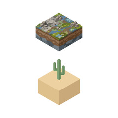 Obraz premium Isometric Illustration Featuring A Detailed Forest Landscape Cube And A Minimalist Desert Cactus Block Design